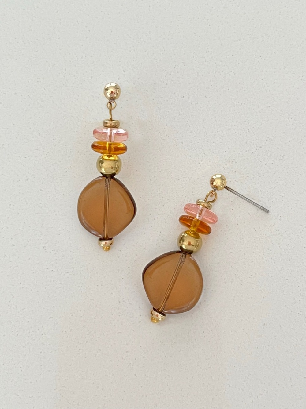 Handmade Boho Smoked Topaz, Amber & Blush Pink Glass Statement Earrings.
